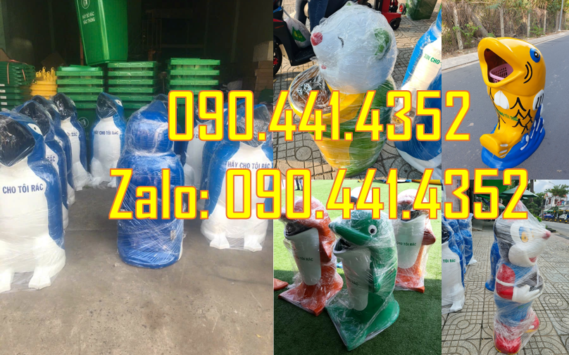 SX thùng rác chuột túi có lô gô, thùng rác chim cánh cụt giá rẻ