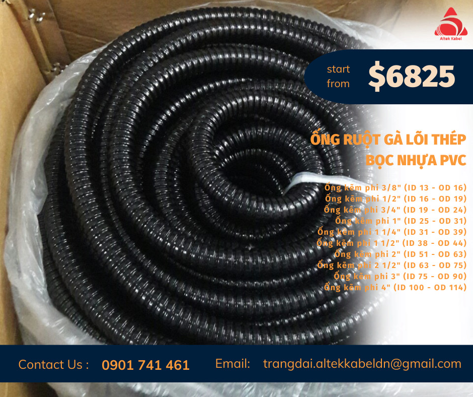Ống ruột gà lõi thép bọc nhựa pvc phi 16 - 3/8 inch