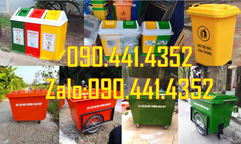 Xe thu gom rác 660 lít 4 bánh xe, xe đẩy rác 1000 lít vàng 3 bánh hơi
