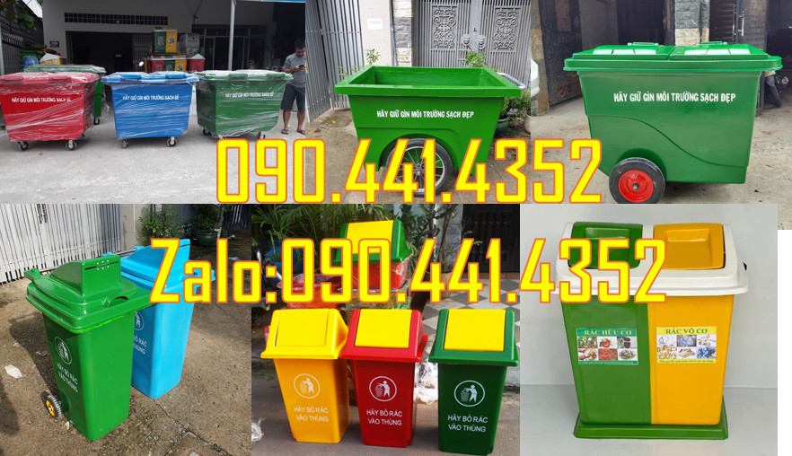 Xe thu gom rác 660 lít 4 bánh xe, xe đẩy rác 1000 lít vàng 3 bánh hơi