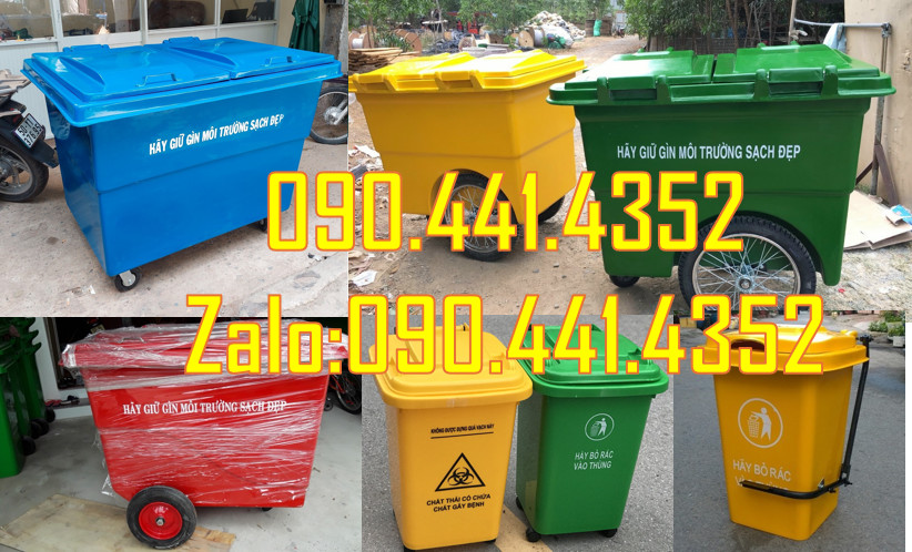 Xe thu gom rác 660 lít 4 bánh xe, xe đẩy rác 1000 lít vàng 3 bánh hơi
