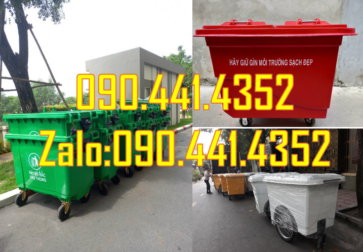 Xe thu gom rác 660 lít 4 bánh xe, xe đẩy rác 1000 lít vàng 3 bánh hơi