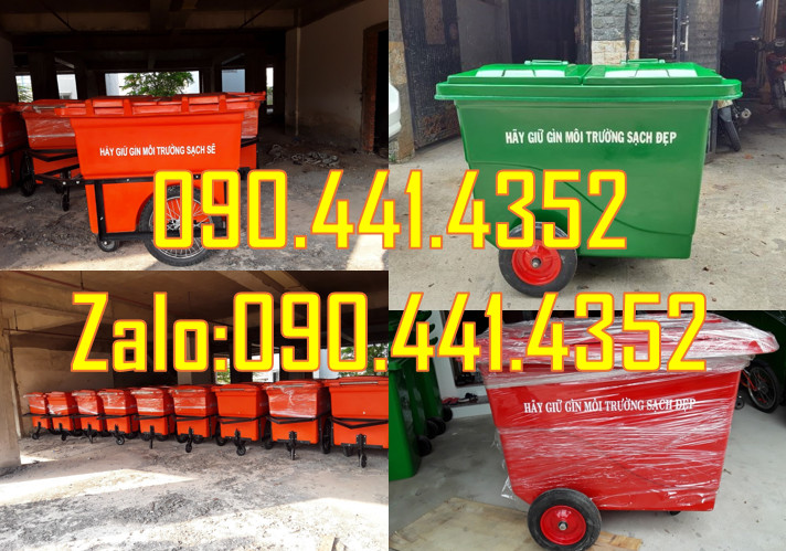 Xe thu gom rác 660 lít 4 bánh xe, xe đẩy rác 1000 lít vàng 3 bánh hơi