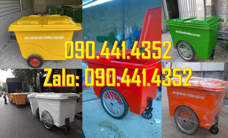 PP xe thu gom rác 660 lít màu xanh lá, thùng rác 1000 lít vàng 3 bánh