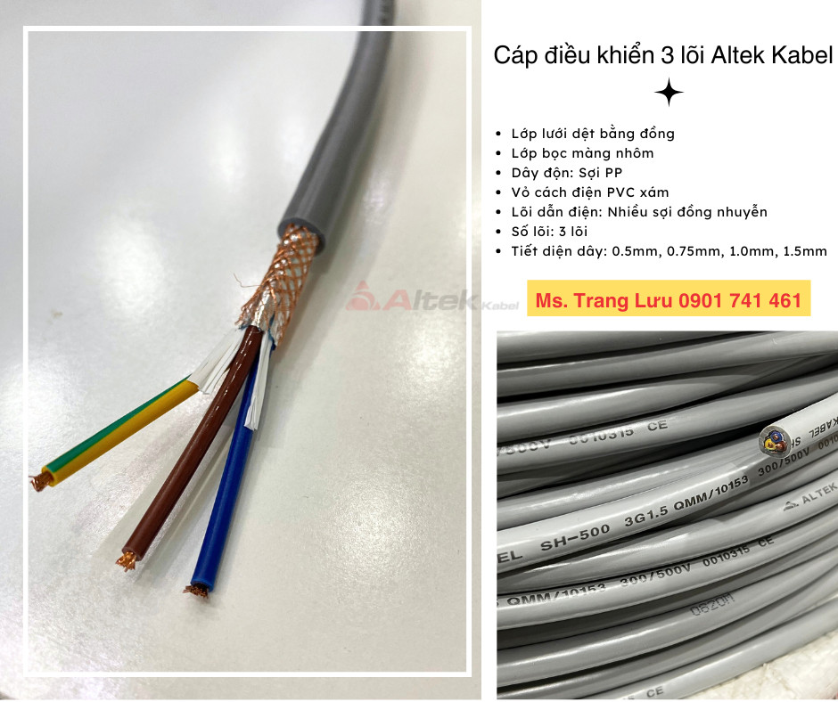 Cáp điều khiển có lưới 3 lõi Altek kabel 0.5, 0.75, 1.0, 1.5