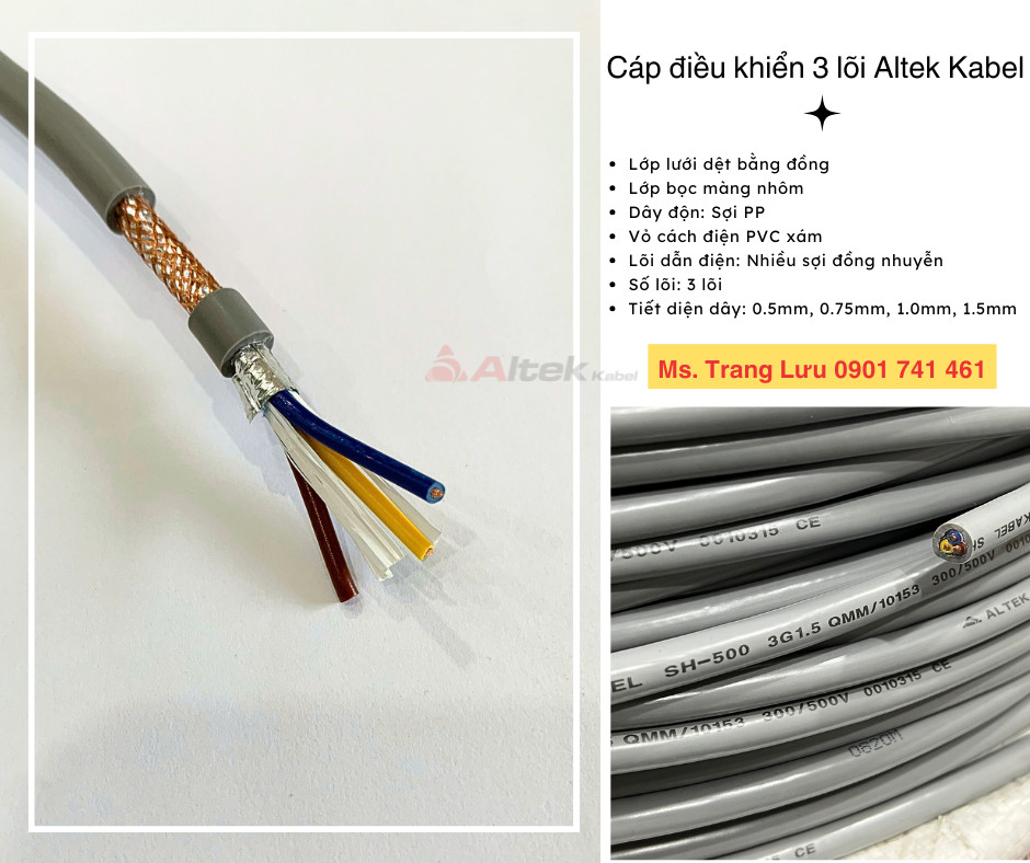 Cáp điều khiển có lưới 3 lõi Altek kabel 0.5, 0.75, 1.0, 1.5