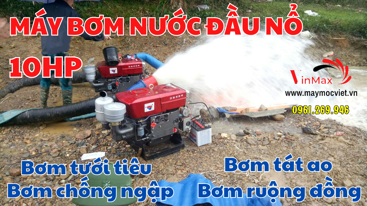 Máy bơm nước tát ao, bơm tưới tiêu đầu nổ D10 mát gió sên bơm 100