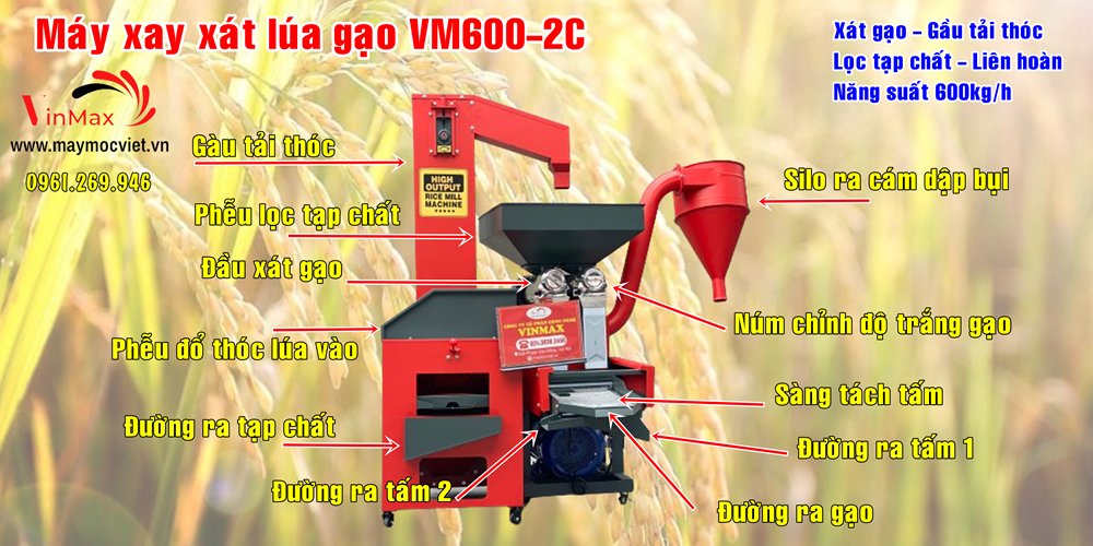 Máy xay xát lúa gạo liên hoàn 600kg/h gàu tải - lọc sạn - lọc tấm