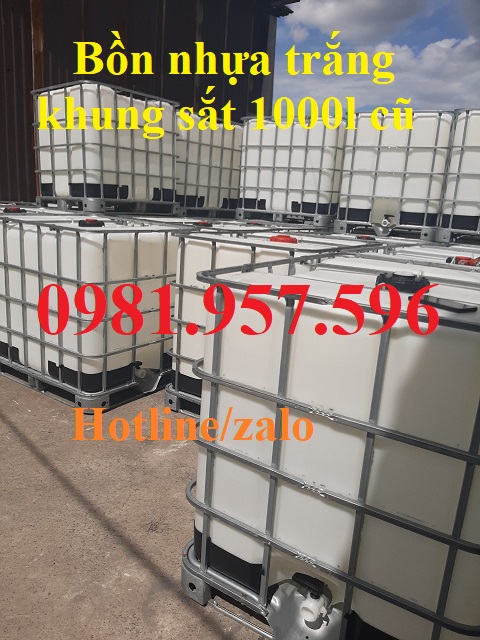 Bồn nhựa trắng có khung sắt 1000l, bồn nhựa 1000l đã qua sử dụng