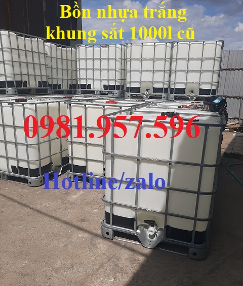 Bồn nhựa trắng có khung sắt 1000l, bồn nhựa 1000l đã qua sử dụng