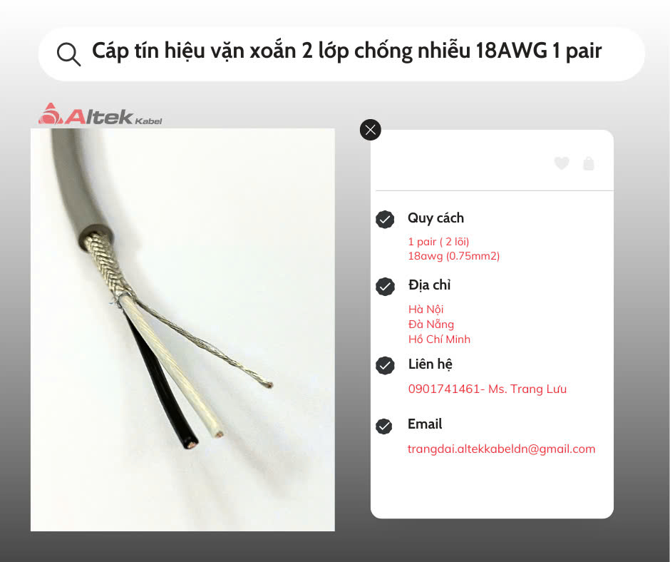 Cáp tín hiệu vặn xoắn 2 lớp chống nhiễu 18AWG 1 Pair