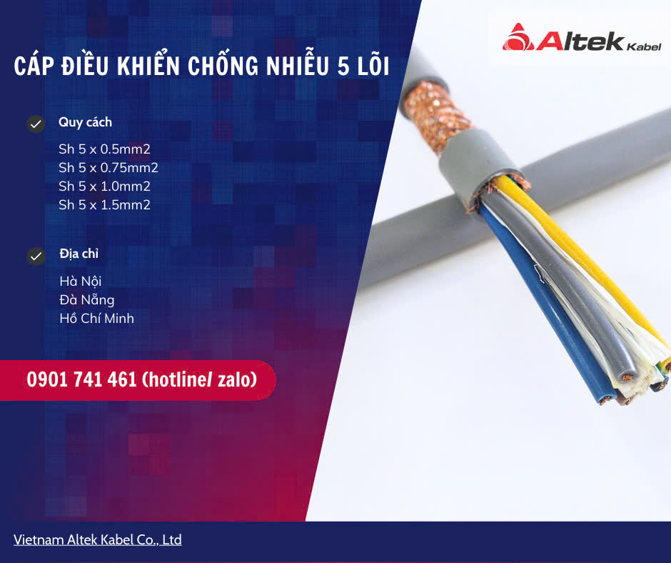 Cáp điều khiển chống nhiễu 5 lõi 0.5mm, 0.75mm, 1.0mm2, 1.5mm