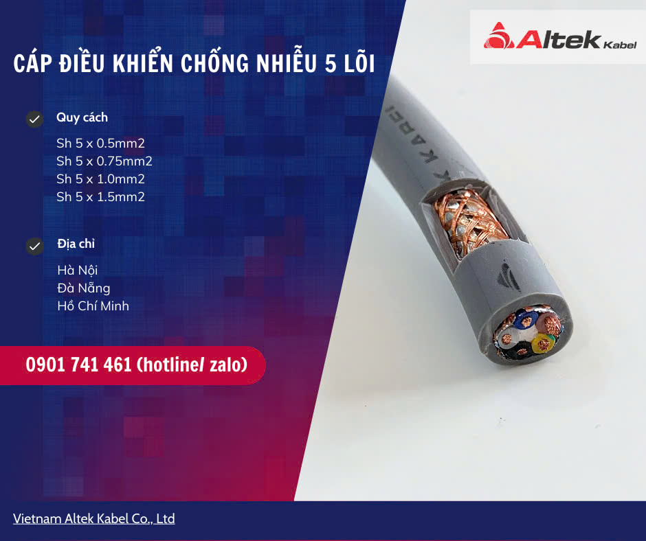 Cáp điều khiển chống nhiễu 5 lõi 0.5mm, 0.75mm, 1.0mm2, 1.5mm