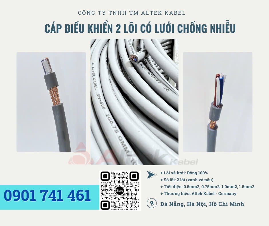 Cáp điều khiển 2 lõi có lưới chống nhiễu