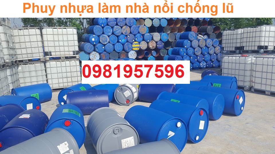 Phuy nhựa, thùng phuy nhựa cũ, phuy nhua 220l làm nhà bè