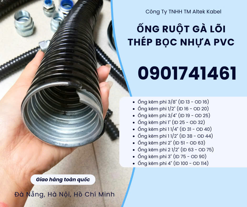 Ống ruột gà lõi thép bọc nhựa pvc, ống kẽm đàn hồi phi 3 ID 75- OD 90