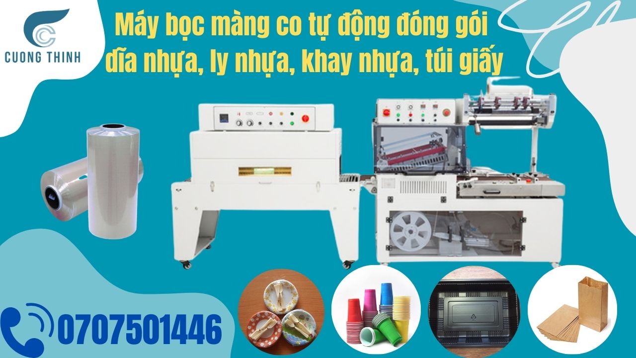 bán bộ máy bọc màng co pof bọc khay hộp nhựa