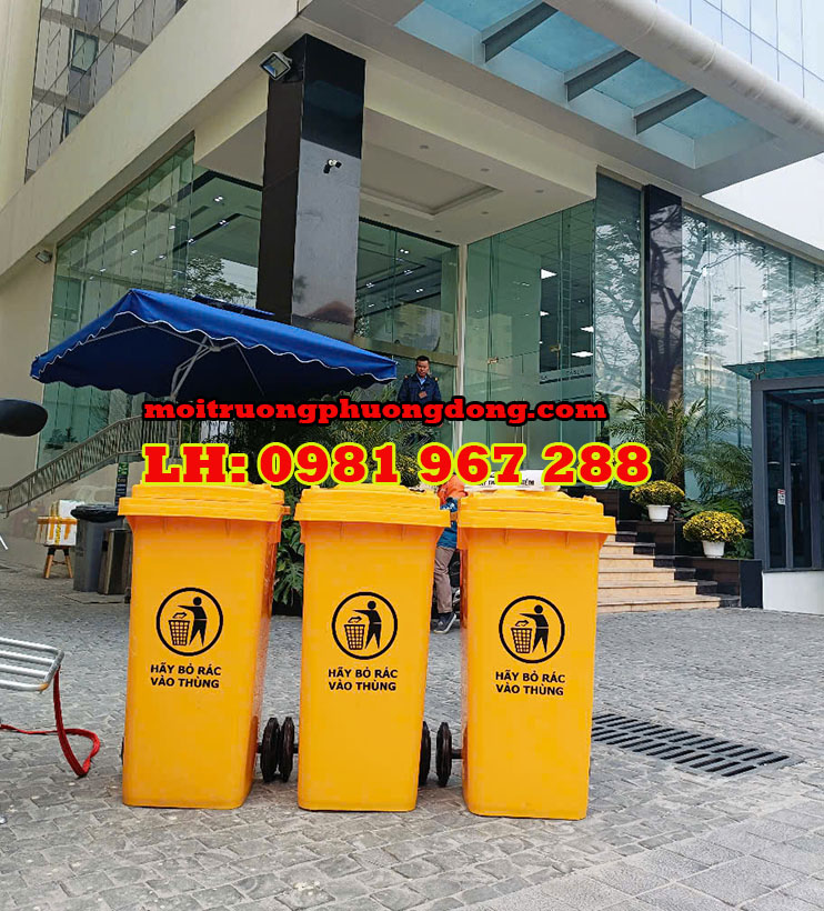 Thùng rác 2 bánh xe nhựa HDPE 120L màu vàng