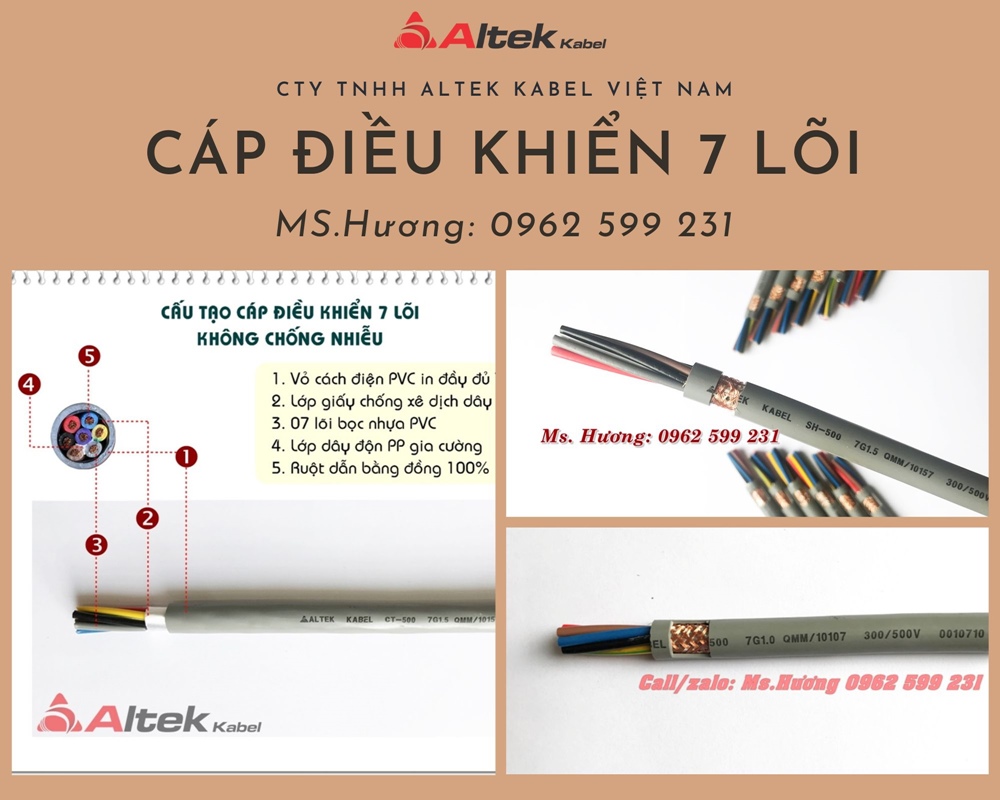 Cáp 7 lõi, cáp điều khiển, cáp tín hiệu Altek kabel 300/500v