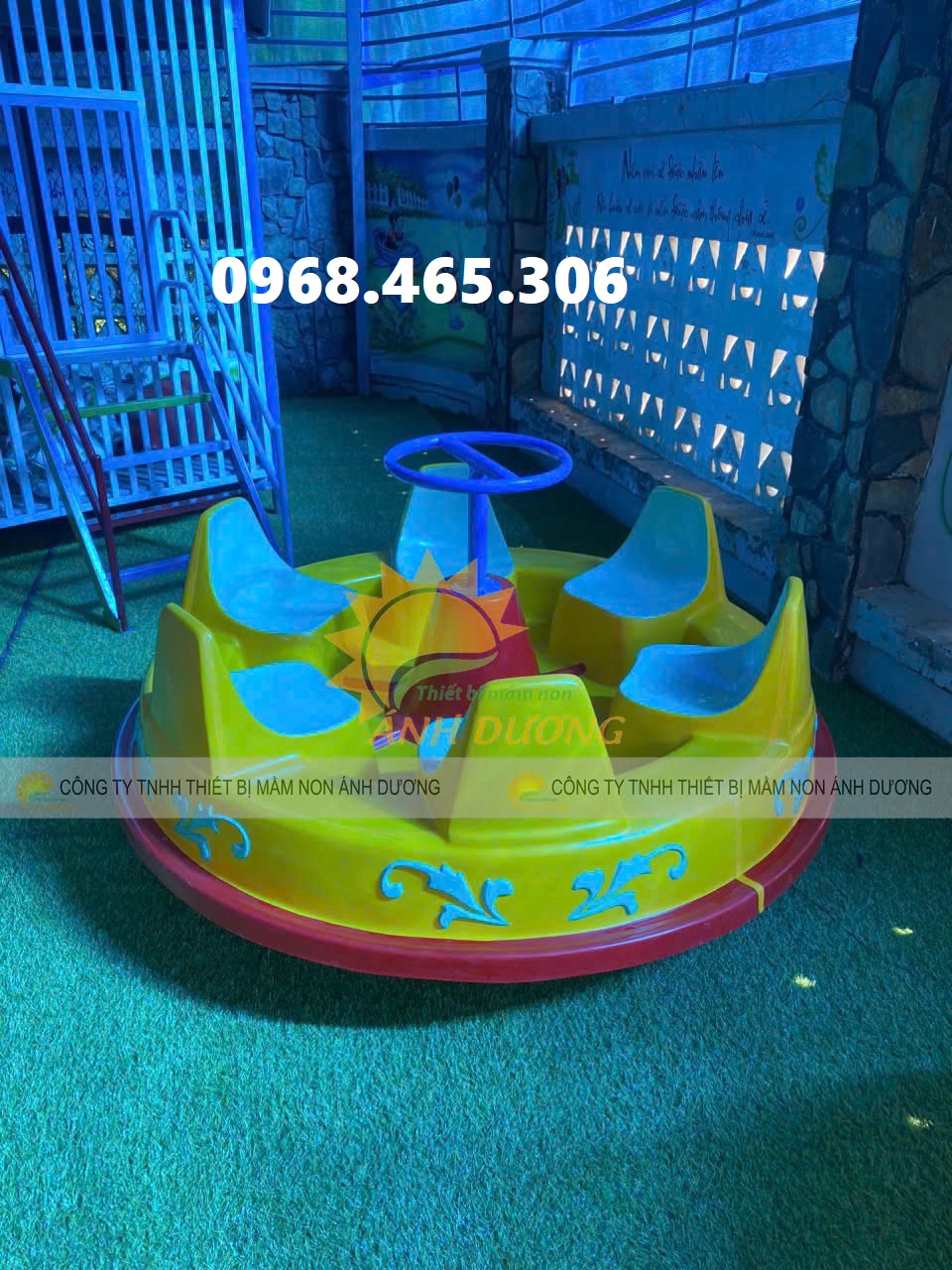 Mâm quay trẻ em, đu quay trẻ em 4 ghế gấu mầm non, mâm xoay trẻ em