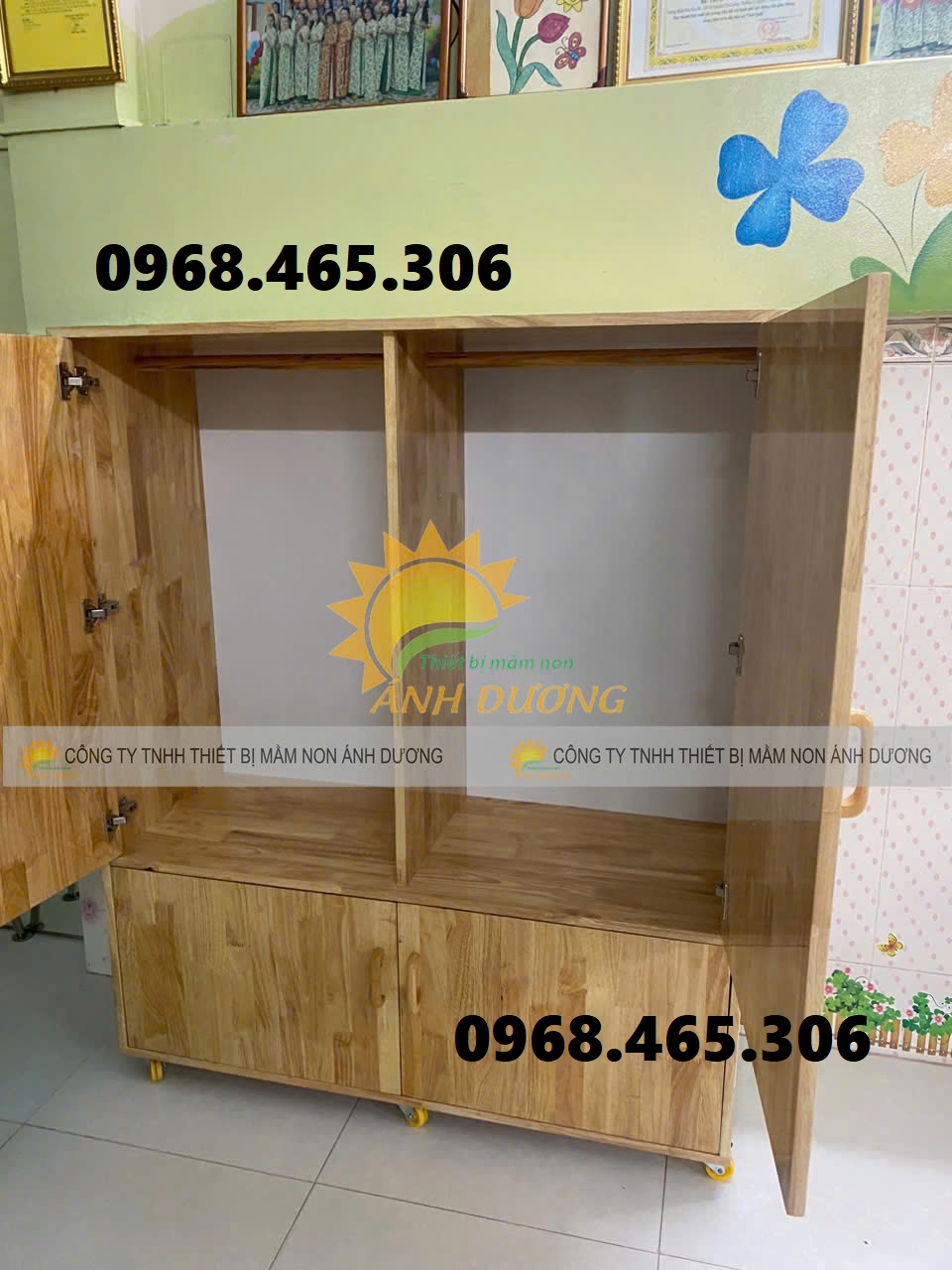 Tủ gỗ mầm non nhiều mẫu, tủ gỗ cao su mầm non giá rẻ