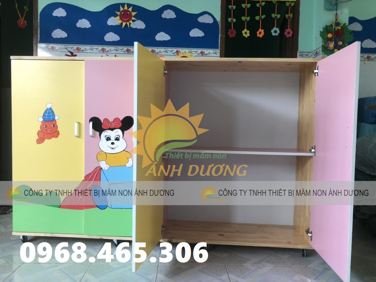 Tủ đựng chăn gối mầm non bằng gỗ, tủ gỗ nhà trẻ mẫu giáo