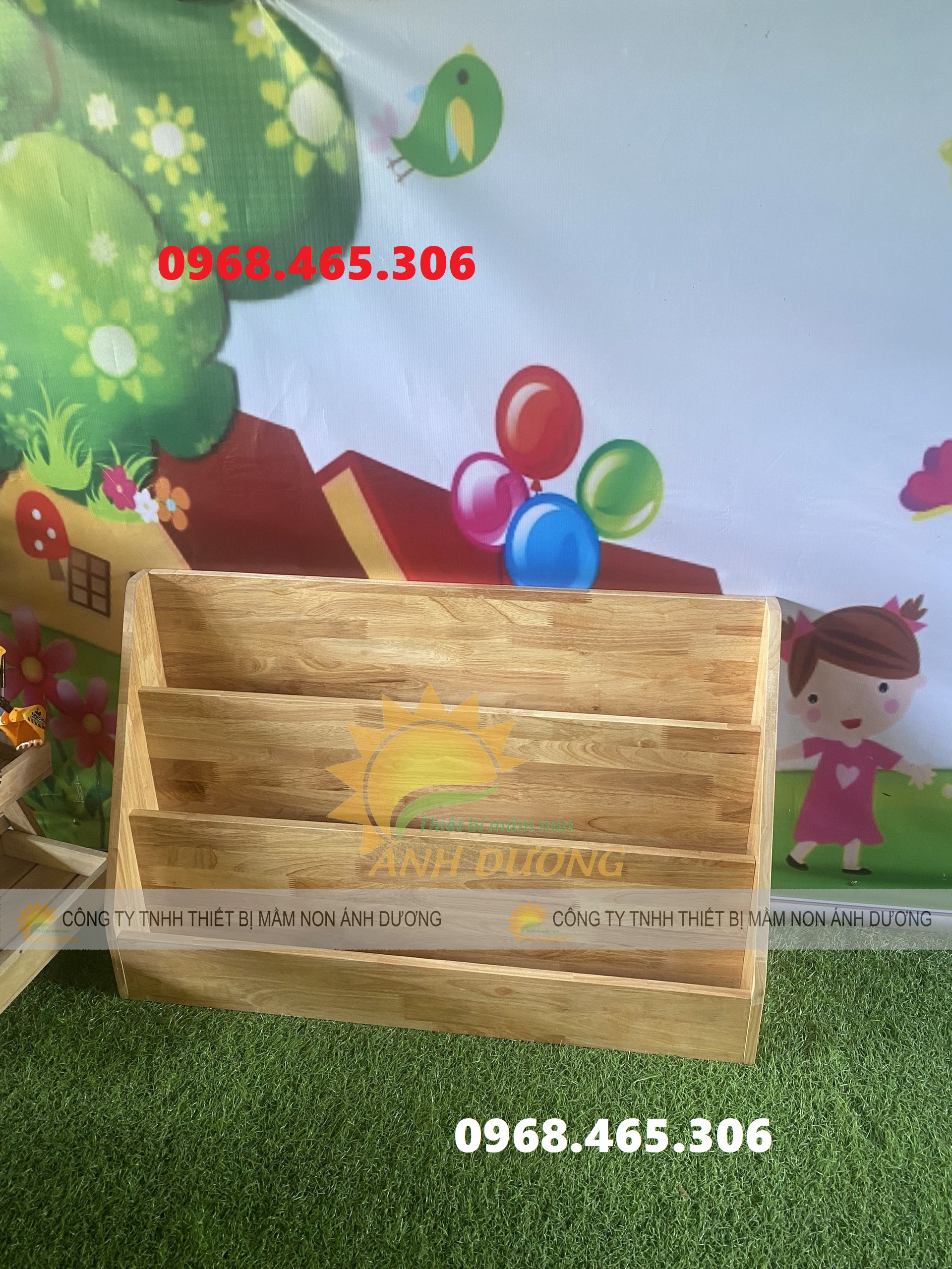 Kệ gỗ 3 tầng mầm non, kệ gỗ cao su mầm non, kệ nhà trẻ mẫu giáo