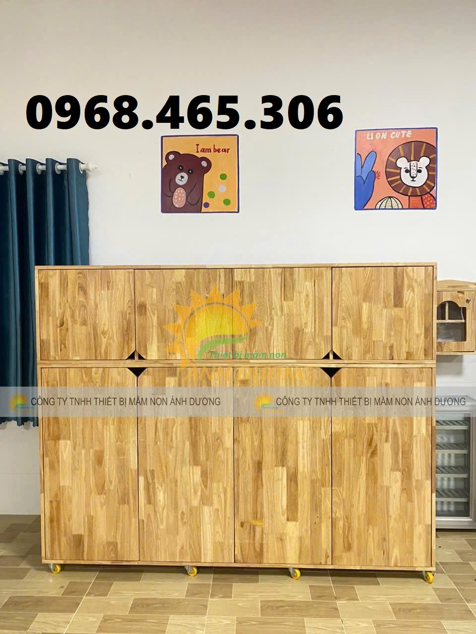 Kệ 3 tầng mầm non, kệ gỗ cao su mầm non, kệ gỗ nhà trẻ mẫu giáo