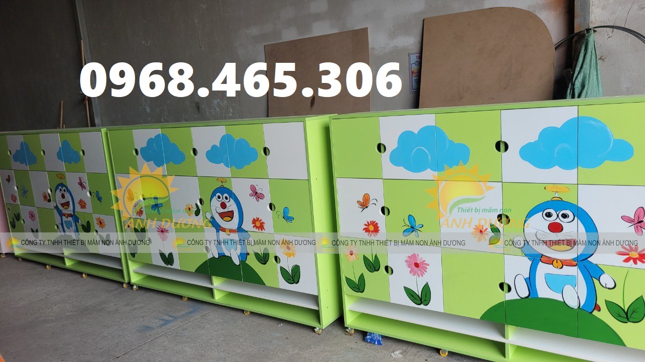 Tủ cặp gỗ mầm non, tủ cặp dép mầm non bằng gỗ, tủ đựng balo mầm non