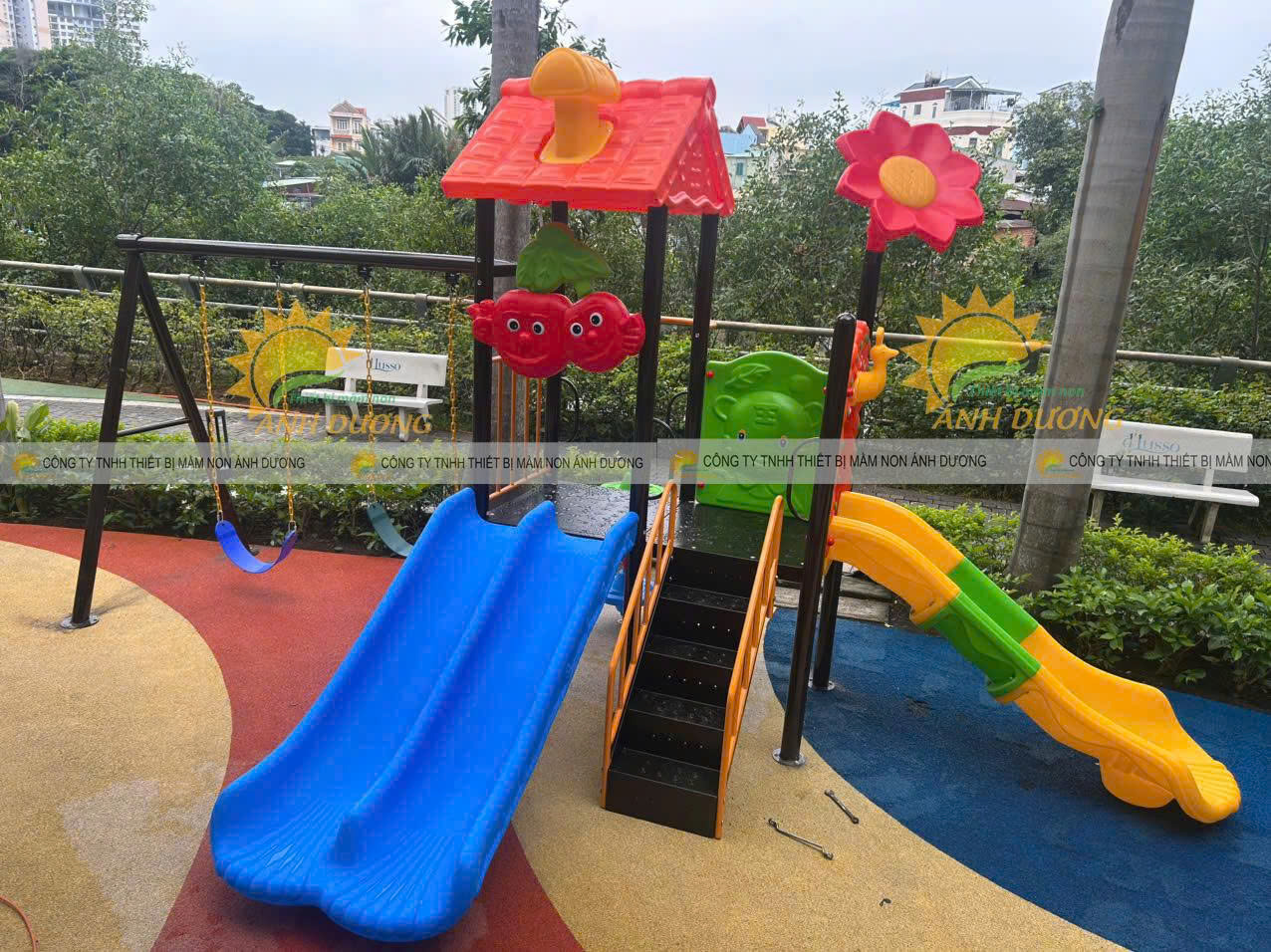 Bộ cầu trượt xích đu trẻ em, bộ liên hoàn cầu trượt mầm non giá rẻ