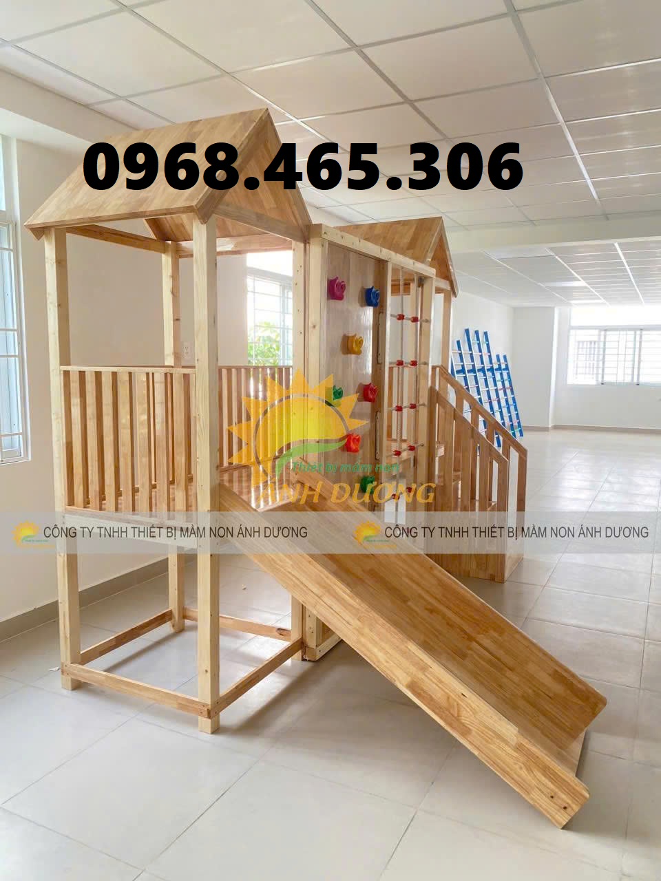 Cầu trượt gỗ liên hoàn, thang leo gỗ mầm non, cầu trượt gỗ mầm non