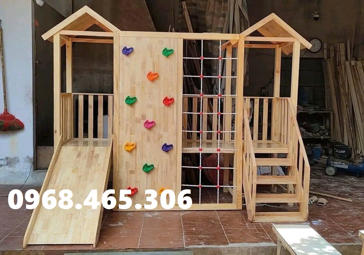 Cầu trượt gỗ liên hoàn trẻ em, bộ liên hoàn gỗ mầm non