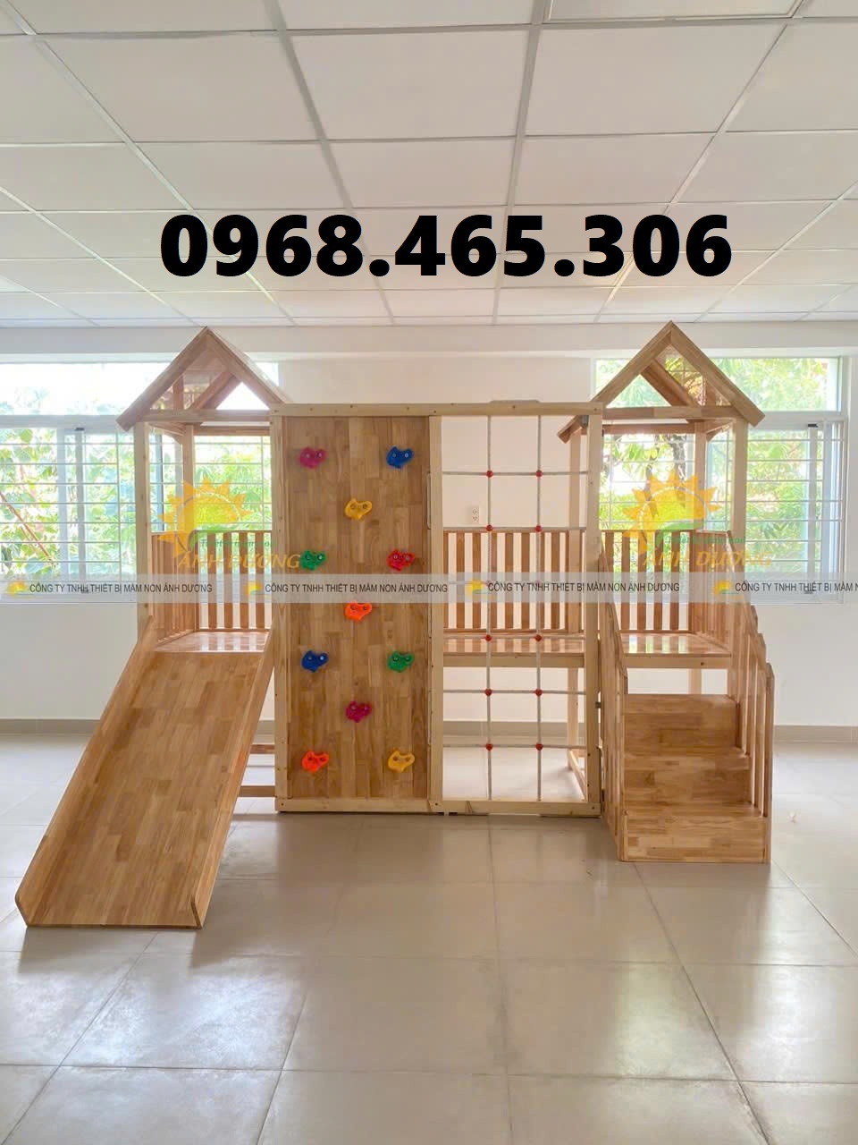 Cầu trượt gỗ liên hoàn trẻ em, bộ liên hoàn gỗ mầm non