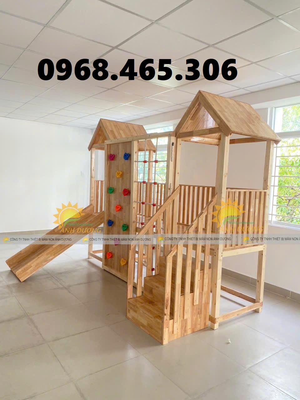 Cầu trượt gỗ liên hoàn trẻ em, bộ liên hoàn gỗ mầm non