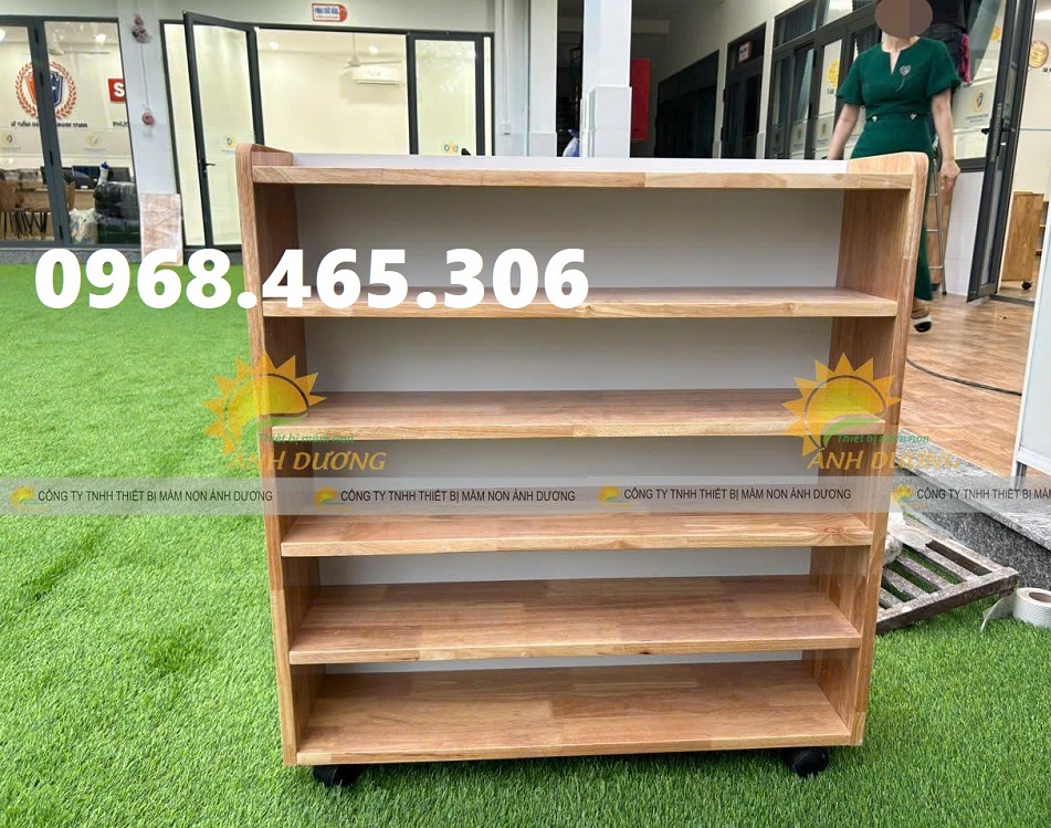 Kệ gỗ mầm non 3 tầng, kệ gỗ cao su mầm non, kệ nhà trẻ mẫu giáo