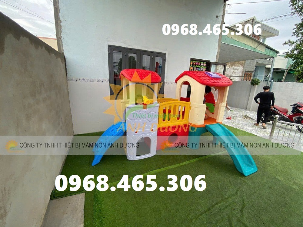 Nhà khối cầu trượt trẻ em, bộ cầu trượt 2 mái nhà cho bé