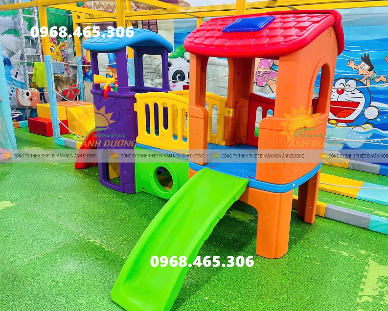 Nhà khối cầu trượt trẻ em, bộ cầu trượt 2 mái nhà cho bé