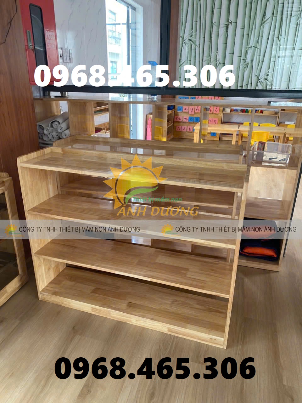 Kệ gỗ 3 tâng mầm non, kệ gỗ cao su mầm non, tủ cặp mầm non