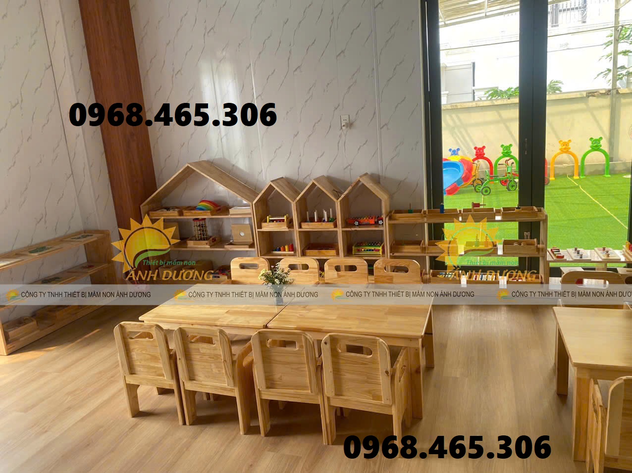 Bàn gỗ chữ nhật mầm non, bàn gỗ vuông mầm non, bàn gập chân mầm non