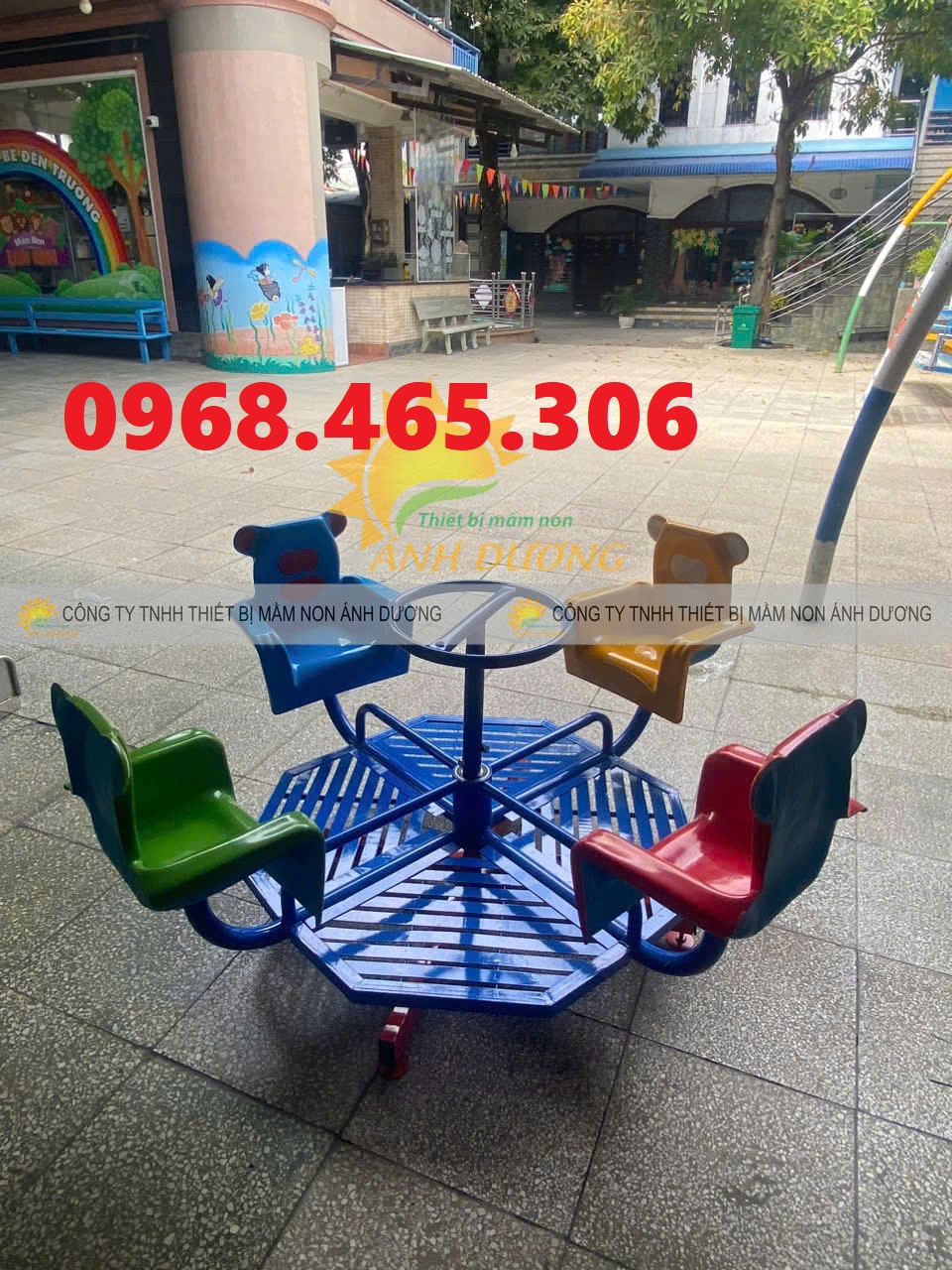 Đu quay ghế gấu mầm non, đu quay 4 ghế ngồi hình gấu