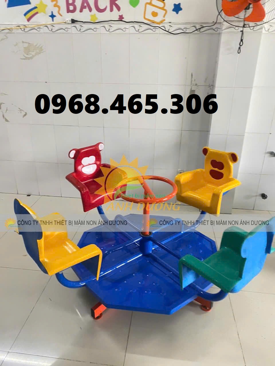 Đu quay ghế gấu mầm non, đu quay 4 ghế ngồi hình gấu