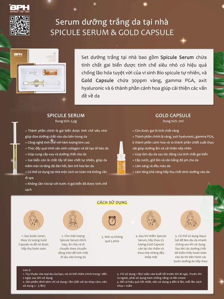 Set dưỡng trắng da tại nhà BPH spicule serum 2.5g & gold capsule 7ml