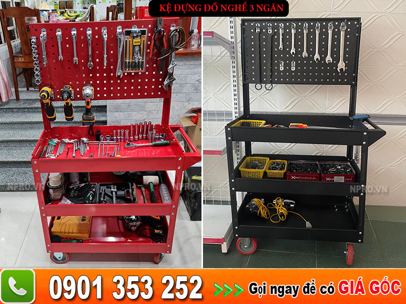 Kệ đựng đồ nghề 3 ngăn có bánh xe đẩy - 0901353252