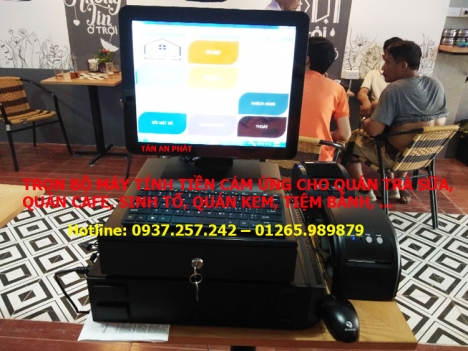 Trọn bộ máy tính tiền cảm ứng cho quán trà sữa in sticker dán ly tại Cần Thơ