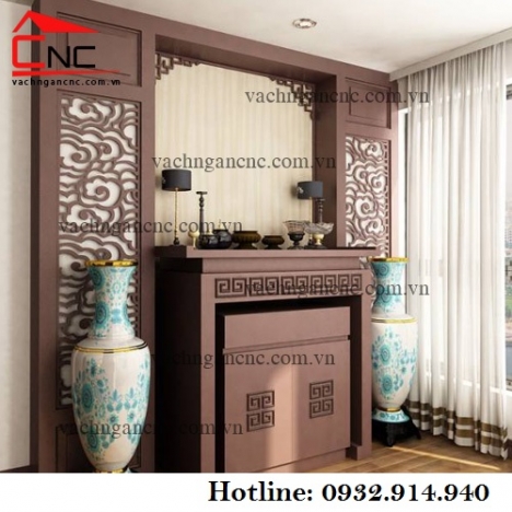 Không gian phòng khách và phòng thờ đẹp với mẫu vách ngăn cnc