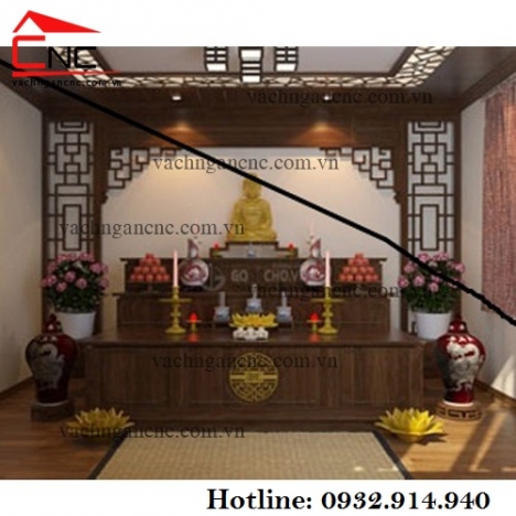 Không gian phòng khách và phòng thờ đẹp với mẫu vách ngăn cnc