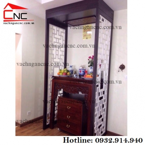 Không gian phòng khách và phòng thờ đẹp với mẫu vách ngăn cnc