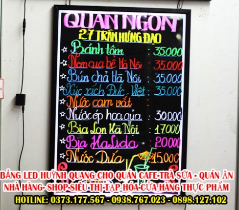 Bảng led viết menu, bảng huỳnh quang cho quán CAFE-TRÀ SỮA-SHOP tại Cần Thơ