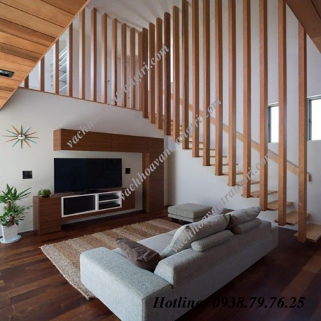 Kết hợp vách ngăn cầu thang đẹp với lam gỗ trang trí bằng gỗ MDF