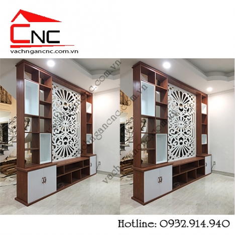 Gây sốt ngành nội thất với vách ngăn tủ kệ + lam gỗ cnc đẹp